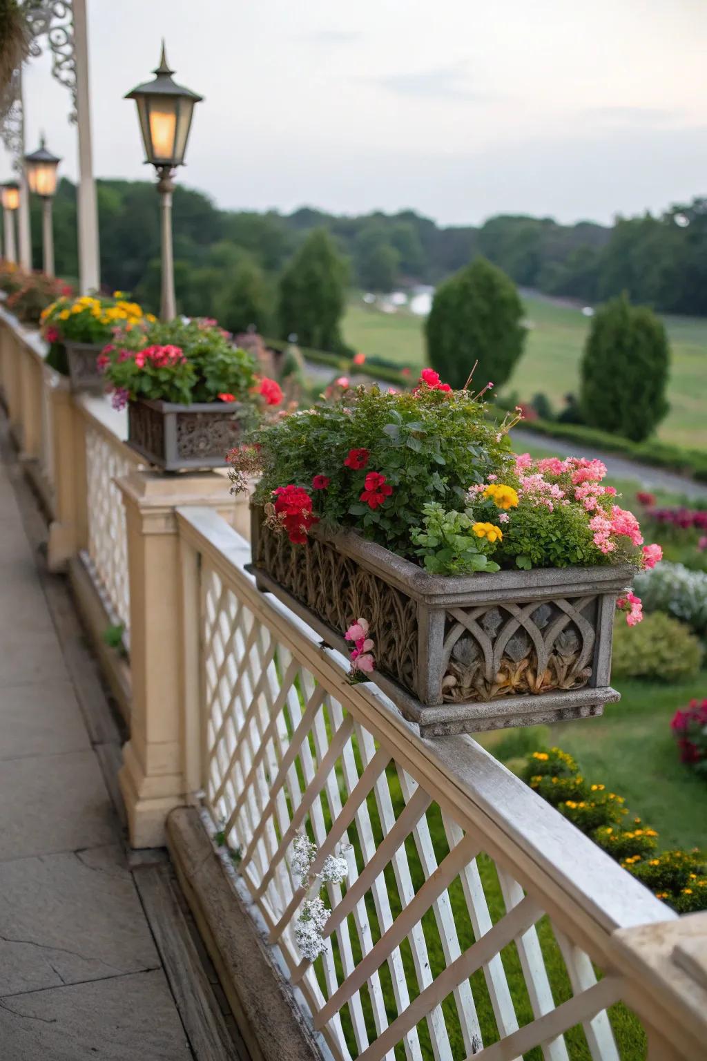 Lattice railing with built-in planters seamlessly blends structure with nature.