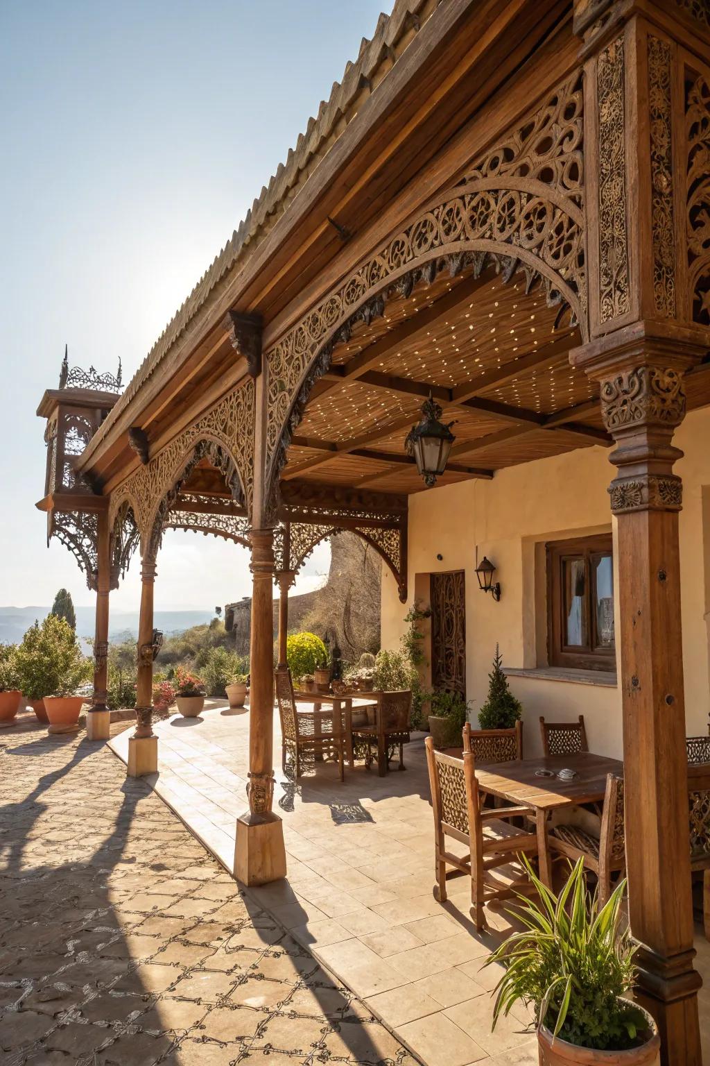 A Mediterranean-inspired wooden awning evokes the charm of coastal villas.