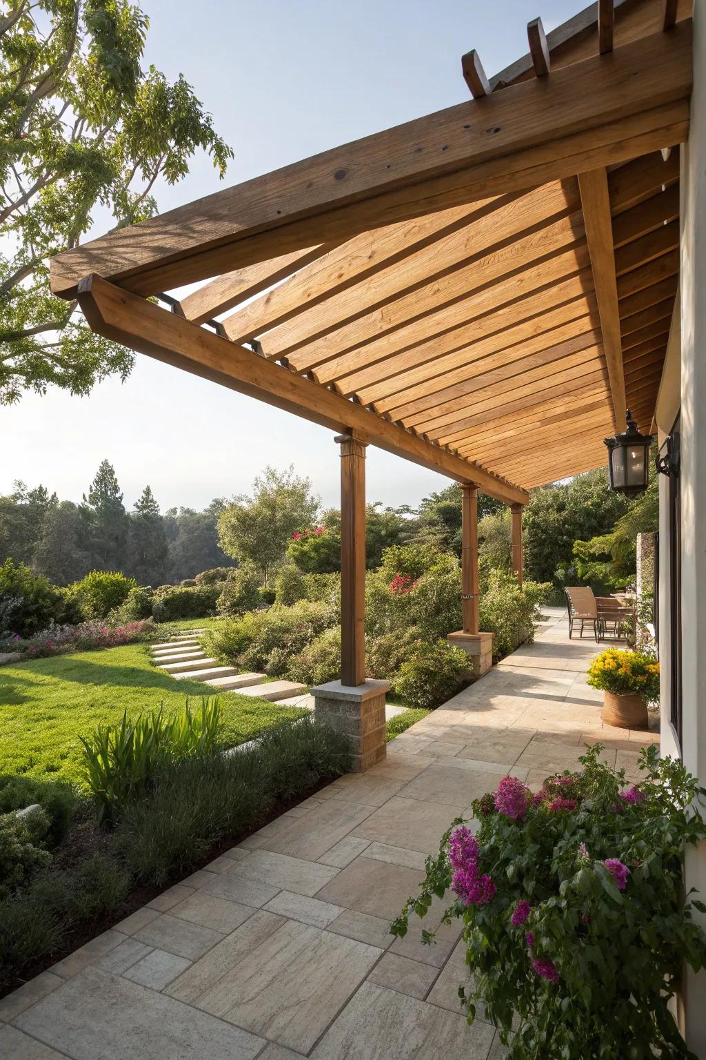 A cantilevered wooden awning offers a modern, unobstructed design.