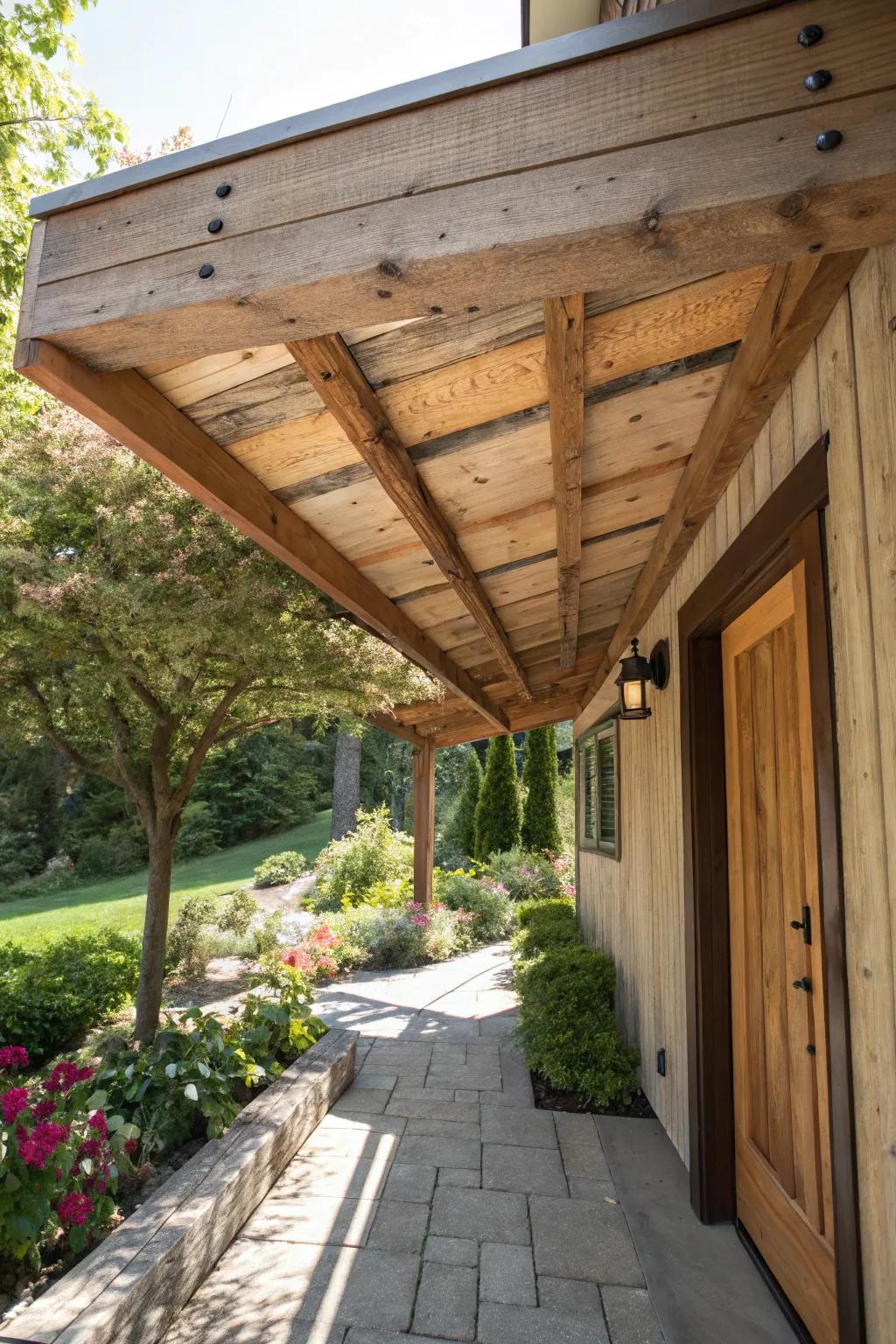 This reclaimed wood awning showcases sustainability and unique character.