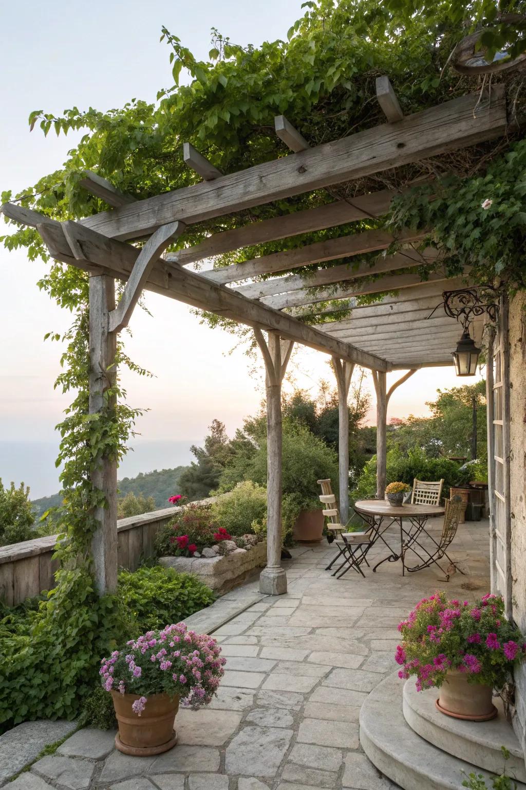 A trellis-style wooden awning supports lush greenery and provides natural shade.