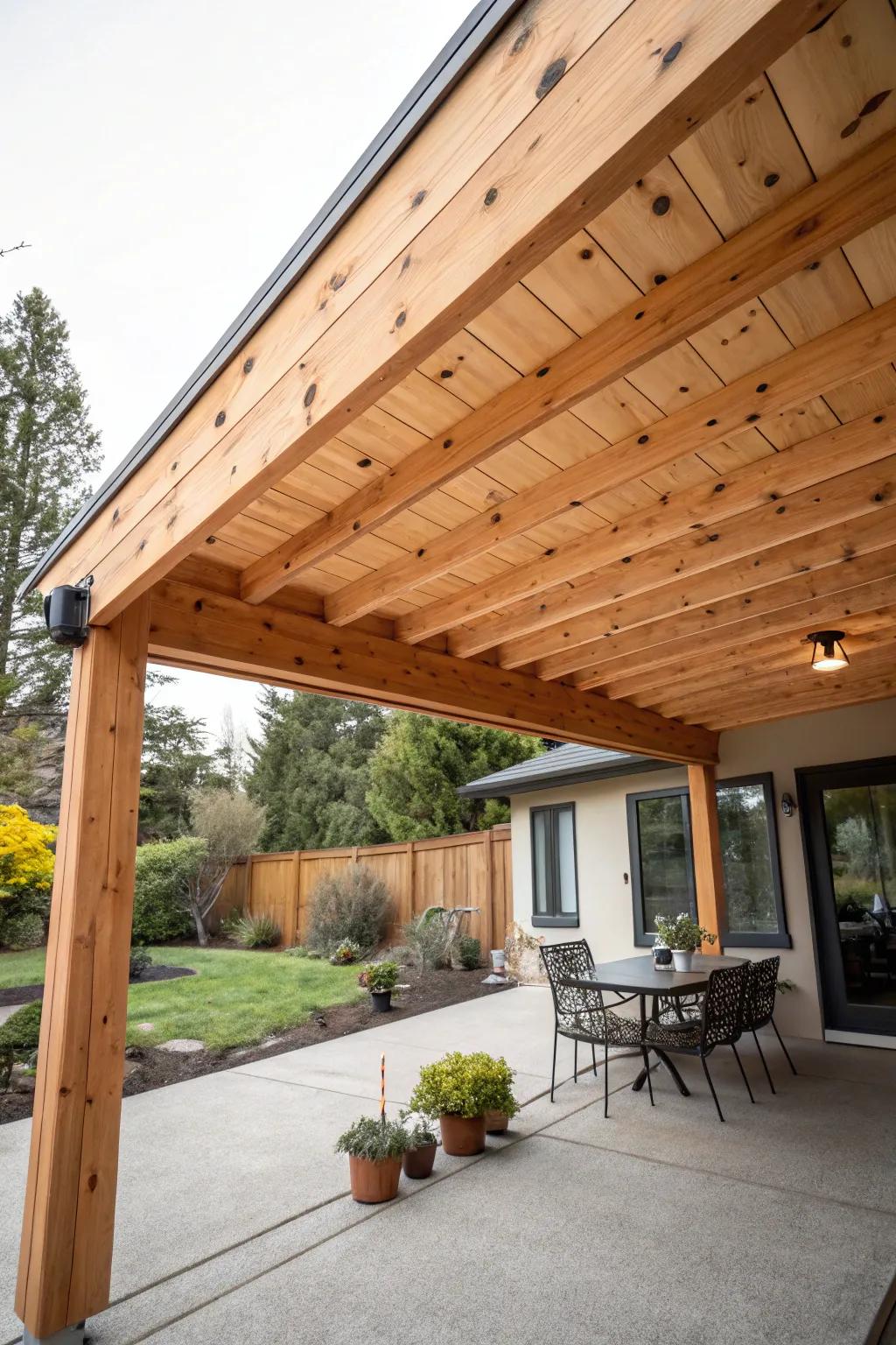 A cedar wood awning offers warmth and durability for outdoor spaces.