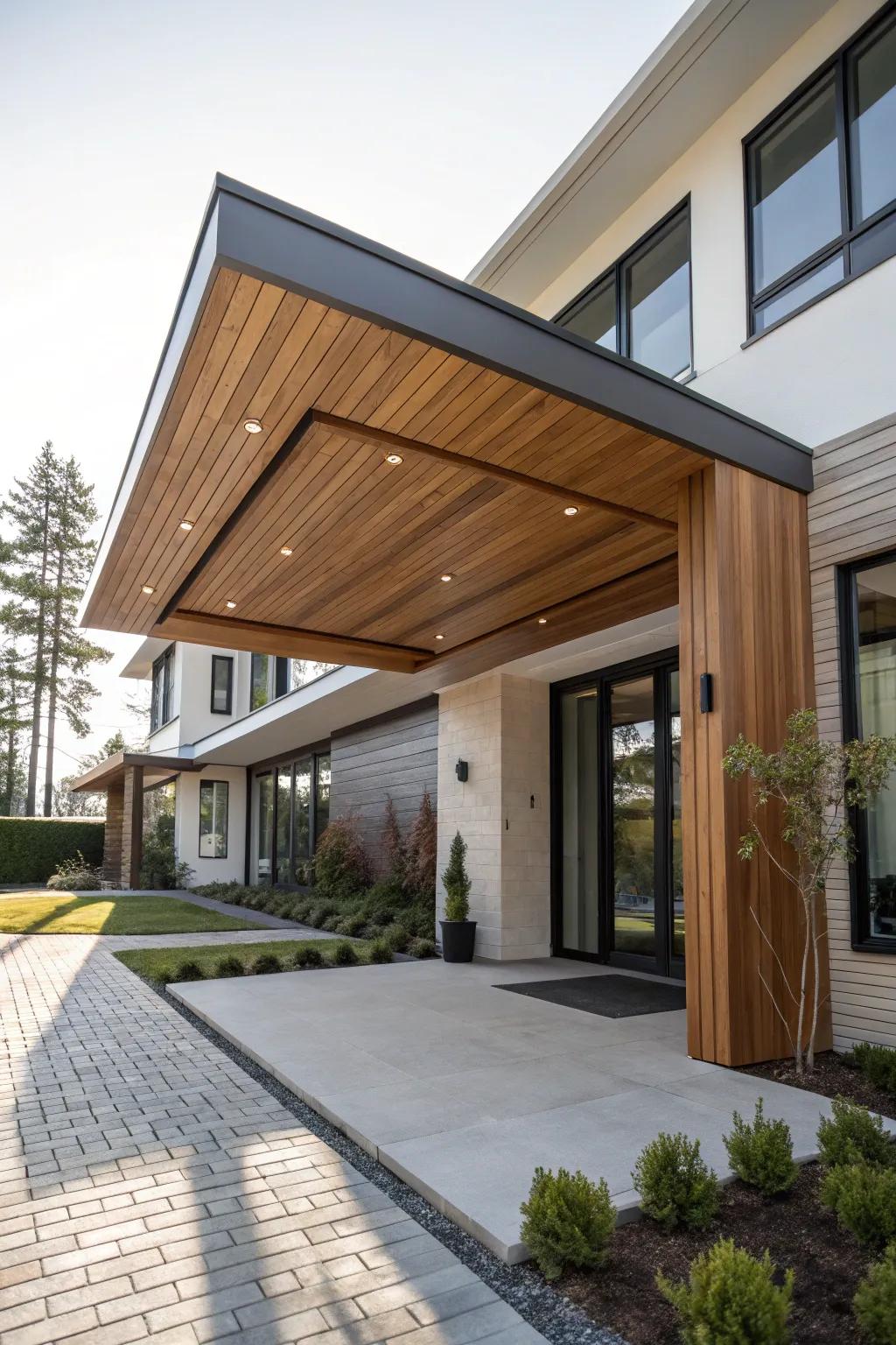 A modern wooden awning complements this home's contemporary design.