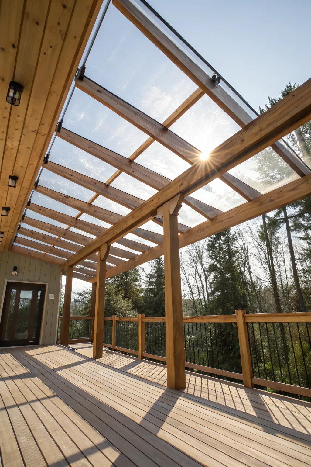 A wood and glass awning beautifully merges indoor and outdoor spaces.