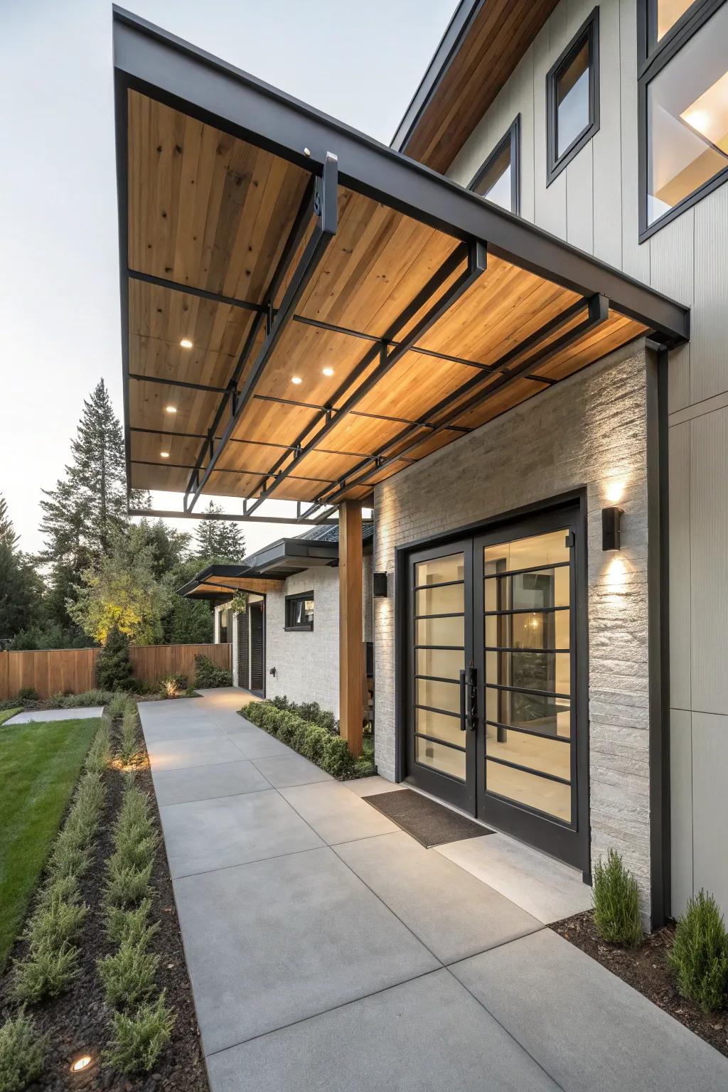 A wood and metal fusion awning adds a contemporary industrial touch.