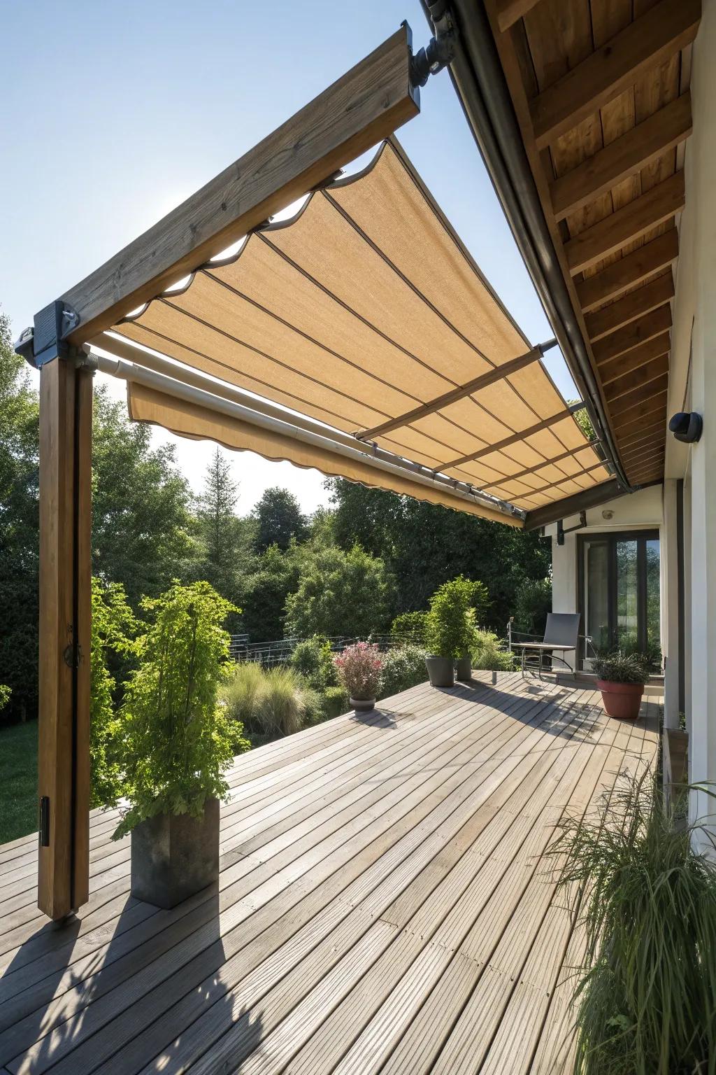 A retractable wooden awning provides flexible shade for changing weather.
