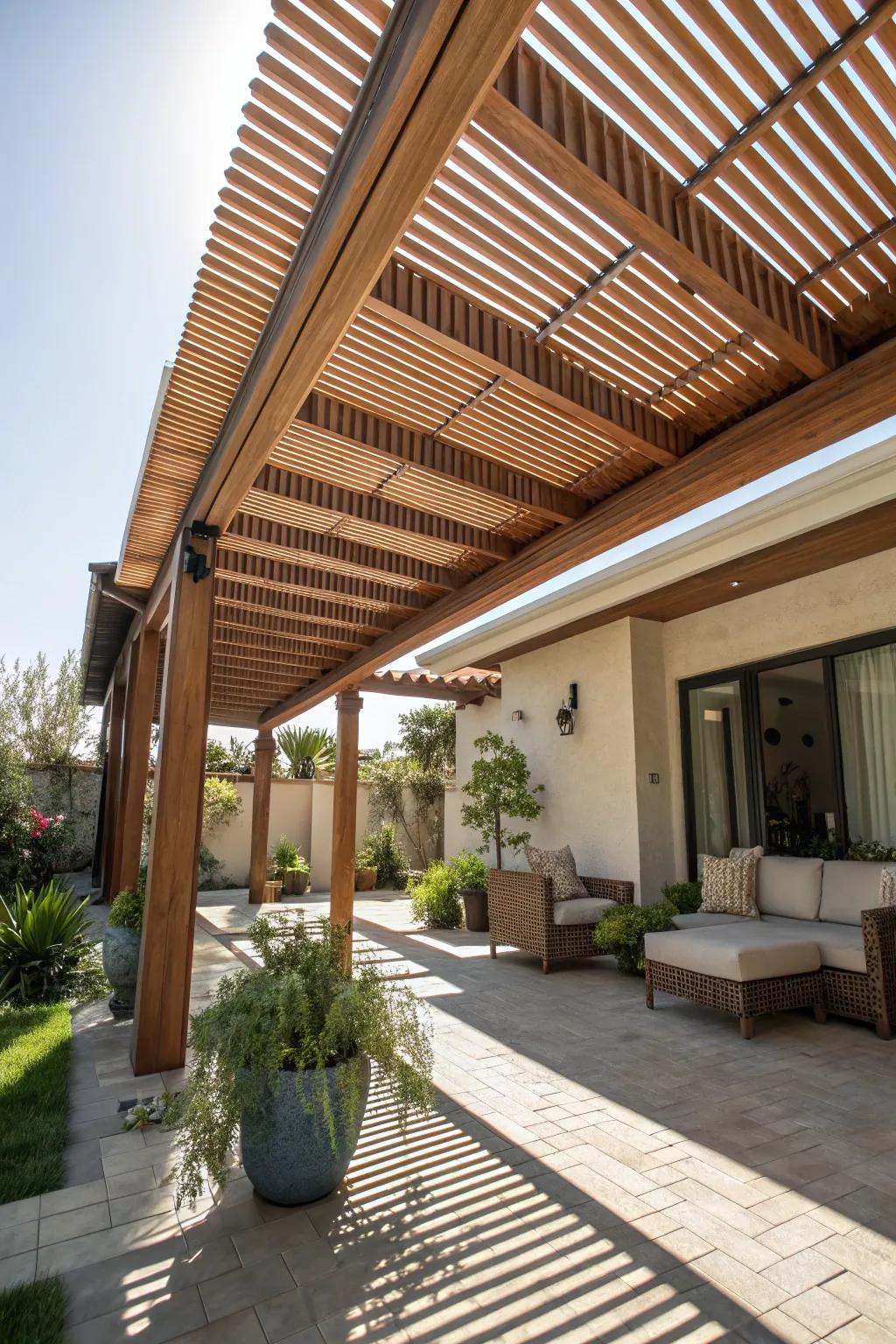 A louvered wooden awning offers customizable shade and ventilation.