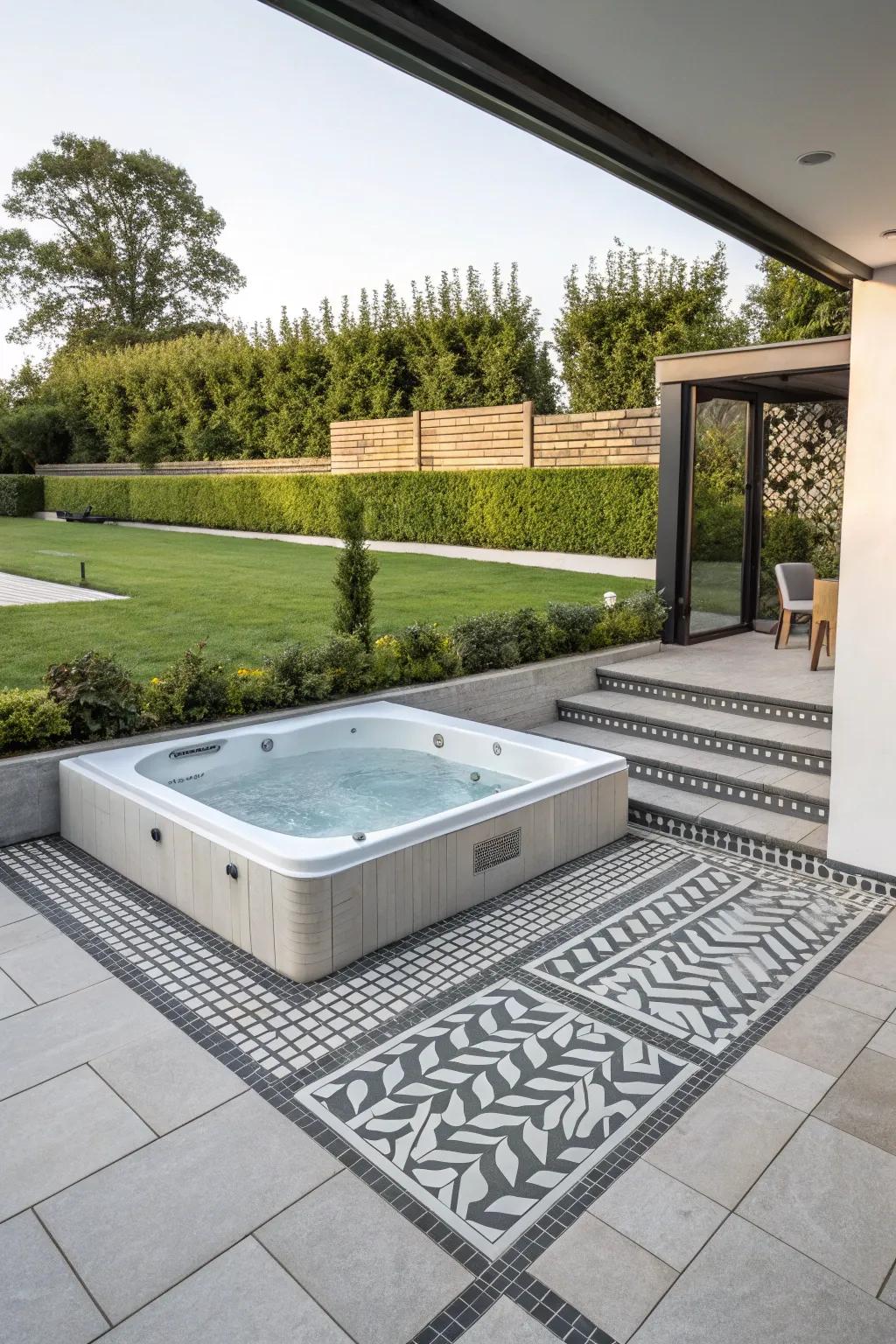 Geometric patterns add a modern touch to your hot tub area.