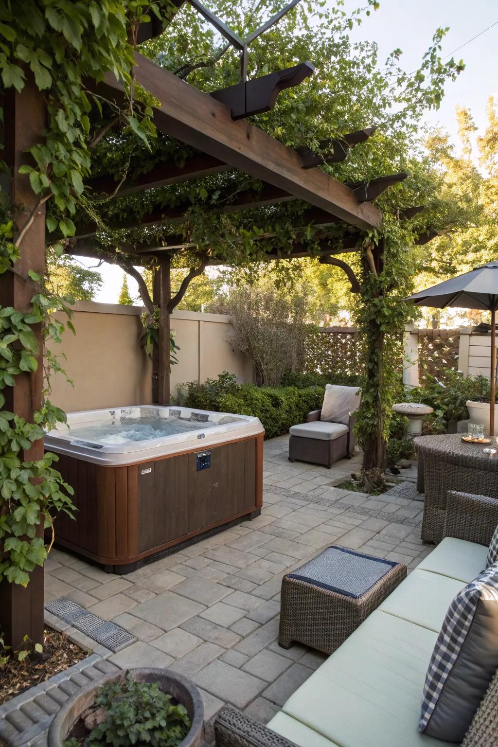 A pergola adds shade and style to your hot tub retreat.