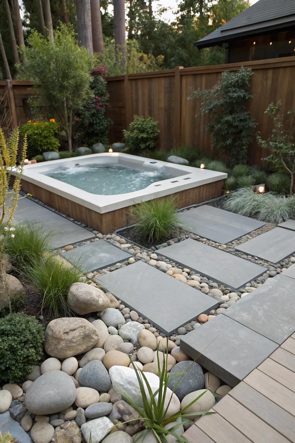 Zen garden elements promote relaxation and tranquility.
