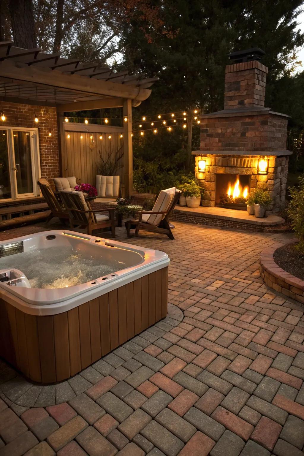 Brick pavers add warmth and charm to any hot tub setting.