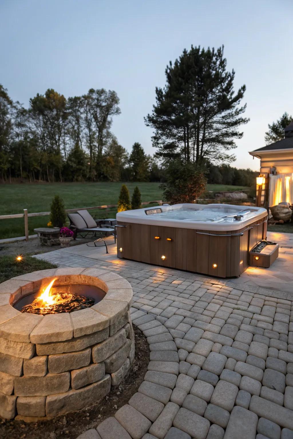 A fire feature adds warmth and ambiance to your hot tub area.