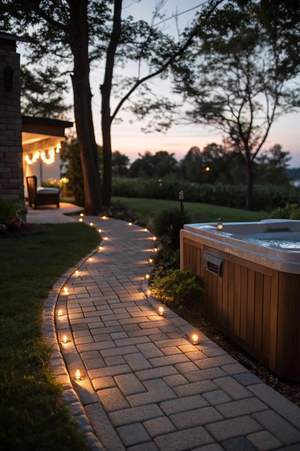 Embedded lighting in pavers enhances safety and ambiance.
