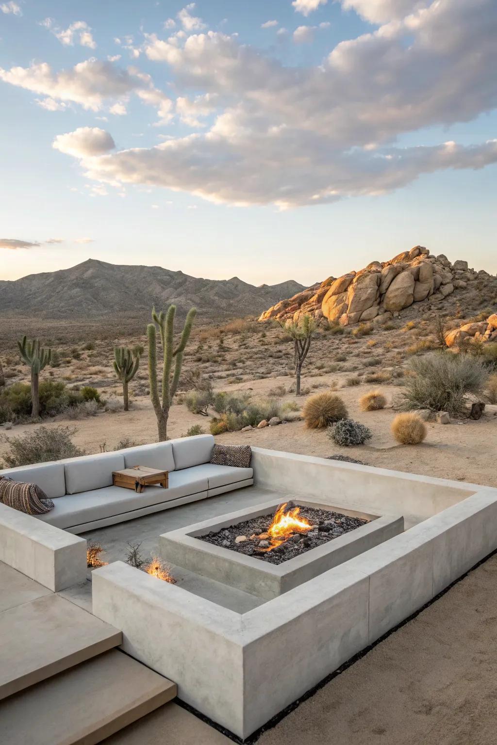 A modern concrete fire pit contrasts beautifully with the desert.