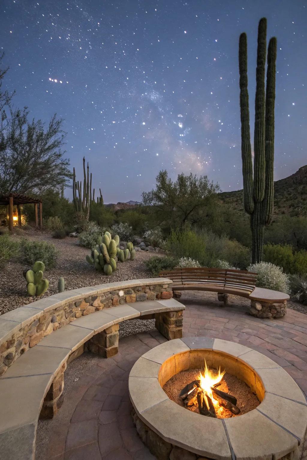 Built-in benches maximize seating around a fire pit.