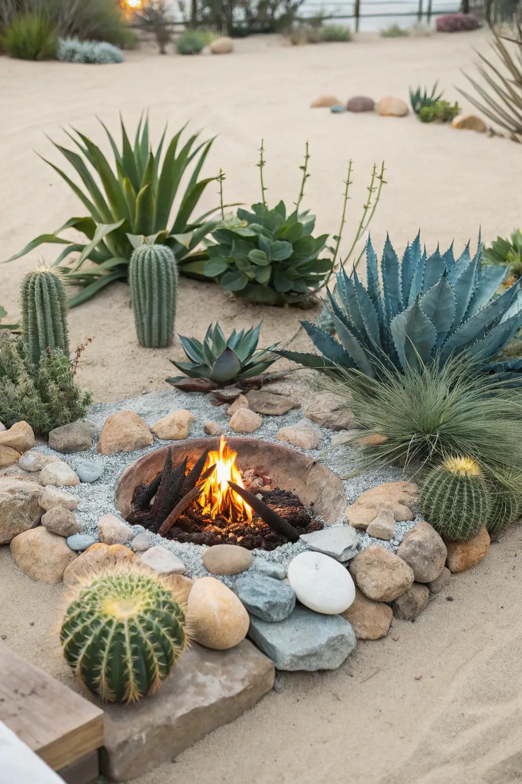 Native plants enhance the natural beauty of a desert fire pit.