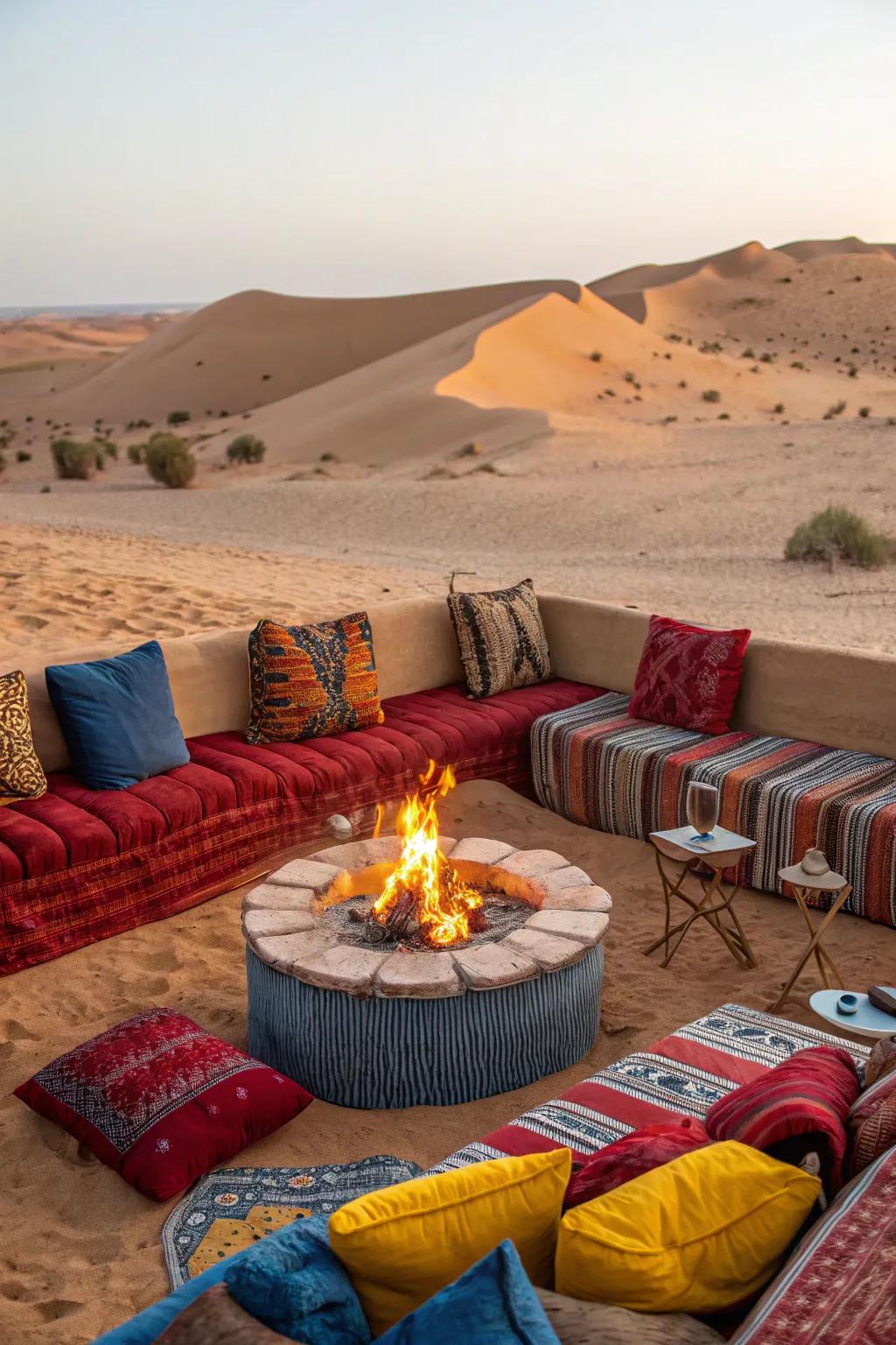 Vibrant cushions add a splash of color to a desert fire pit.