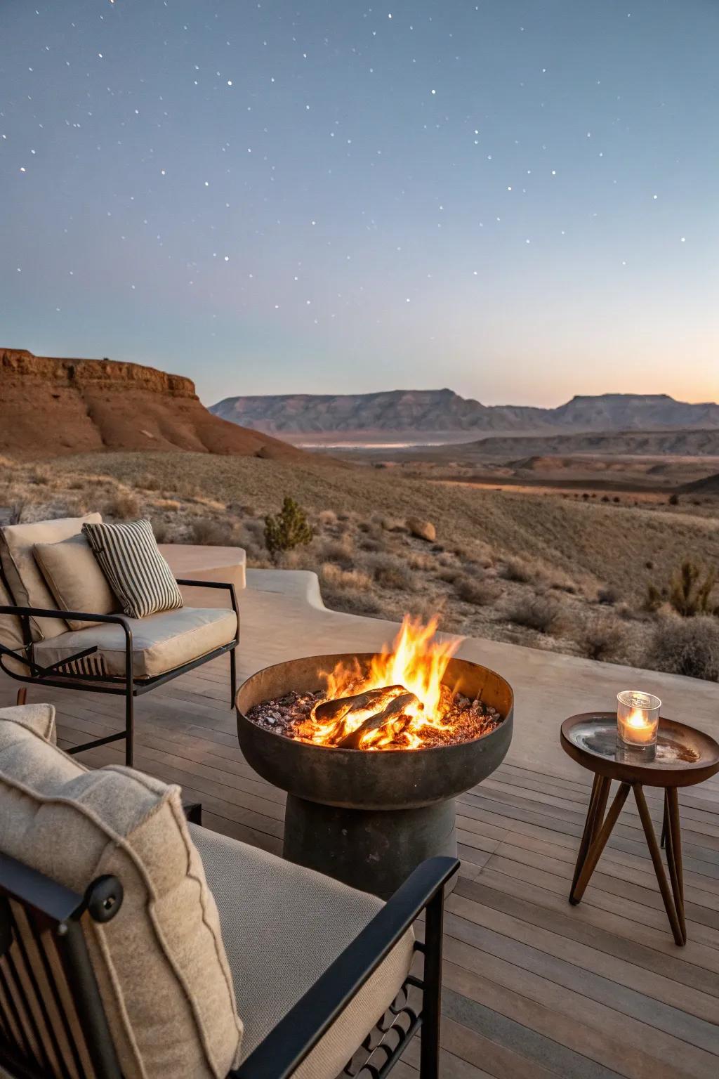 A portable fire bowl offers flexibility and stunning views.