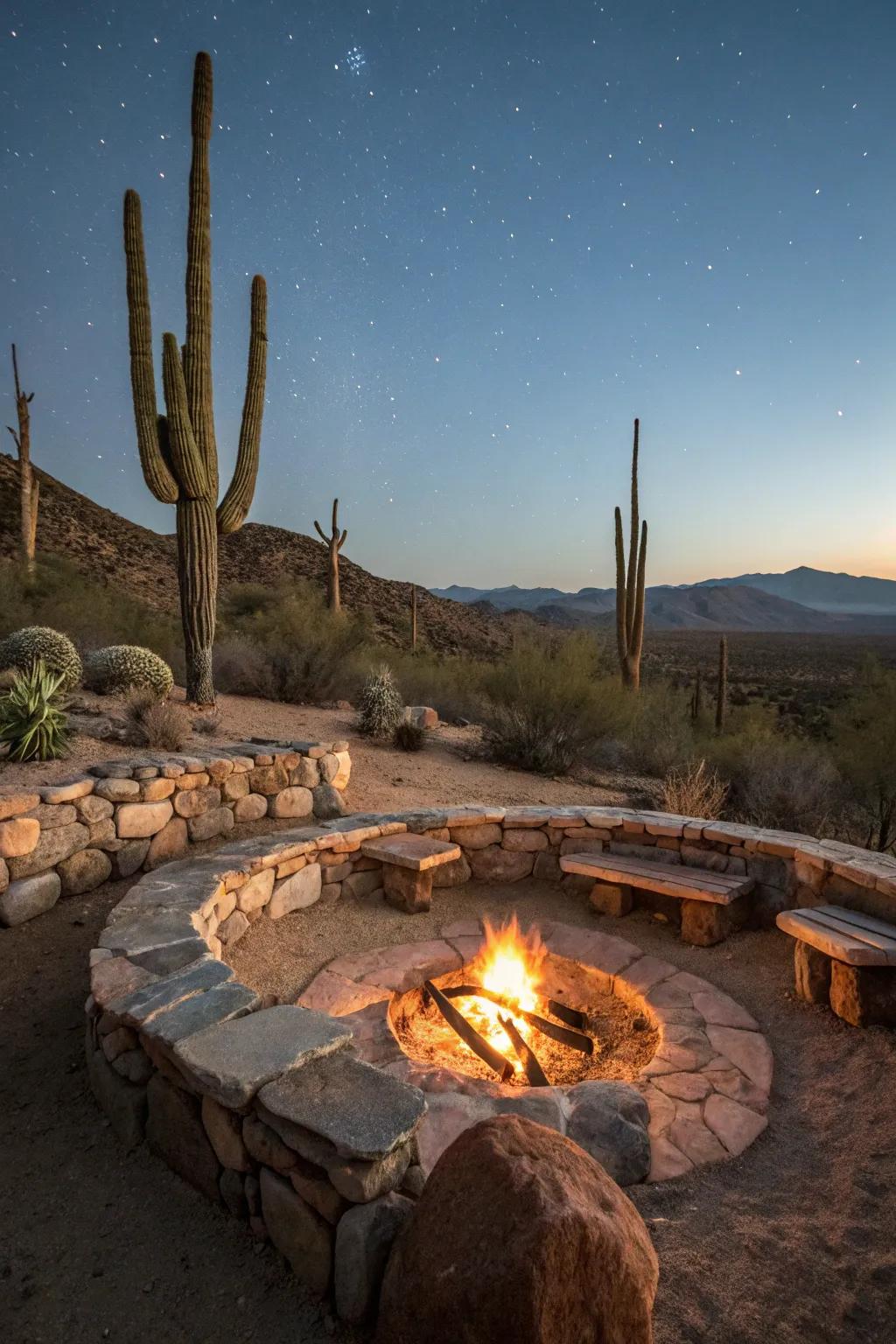Rugged stone seating adds charm to a desert fire pit.