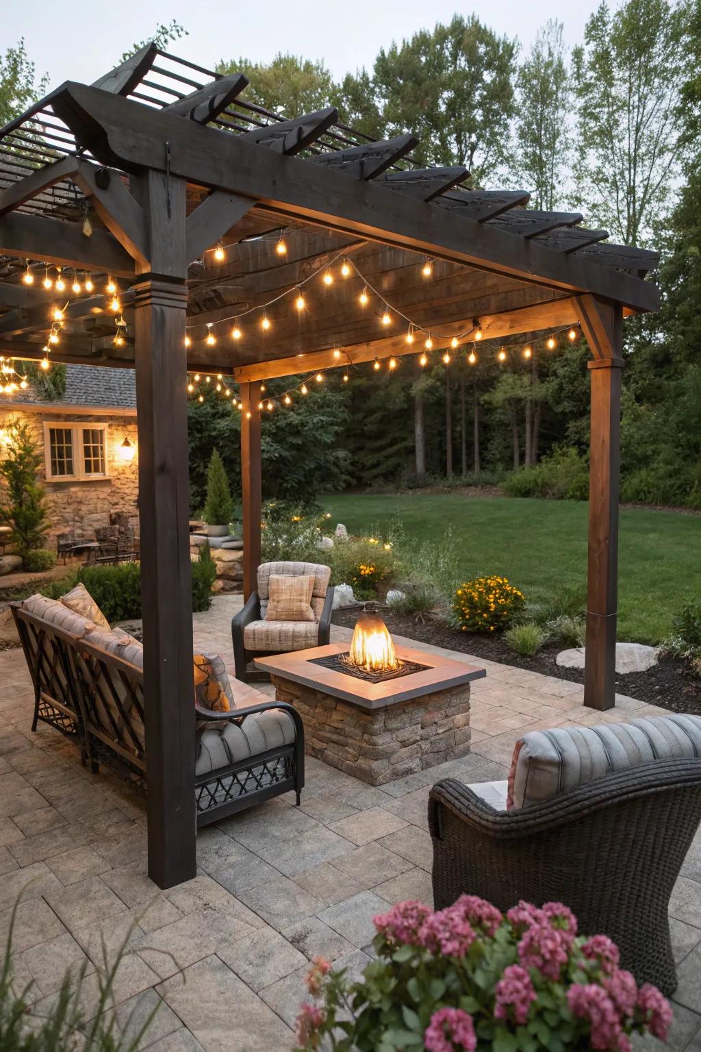 A pergola offers shade and supports lighting for a desert fire pit.