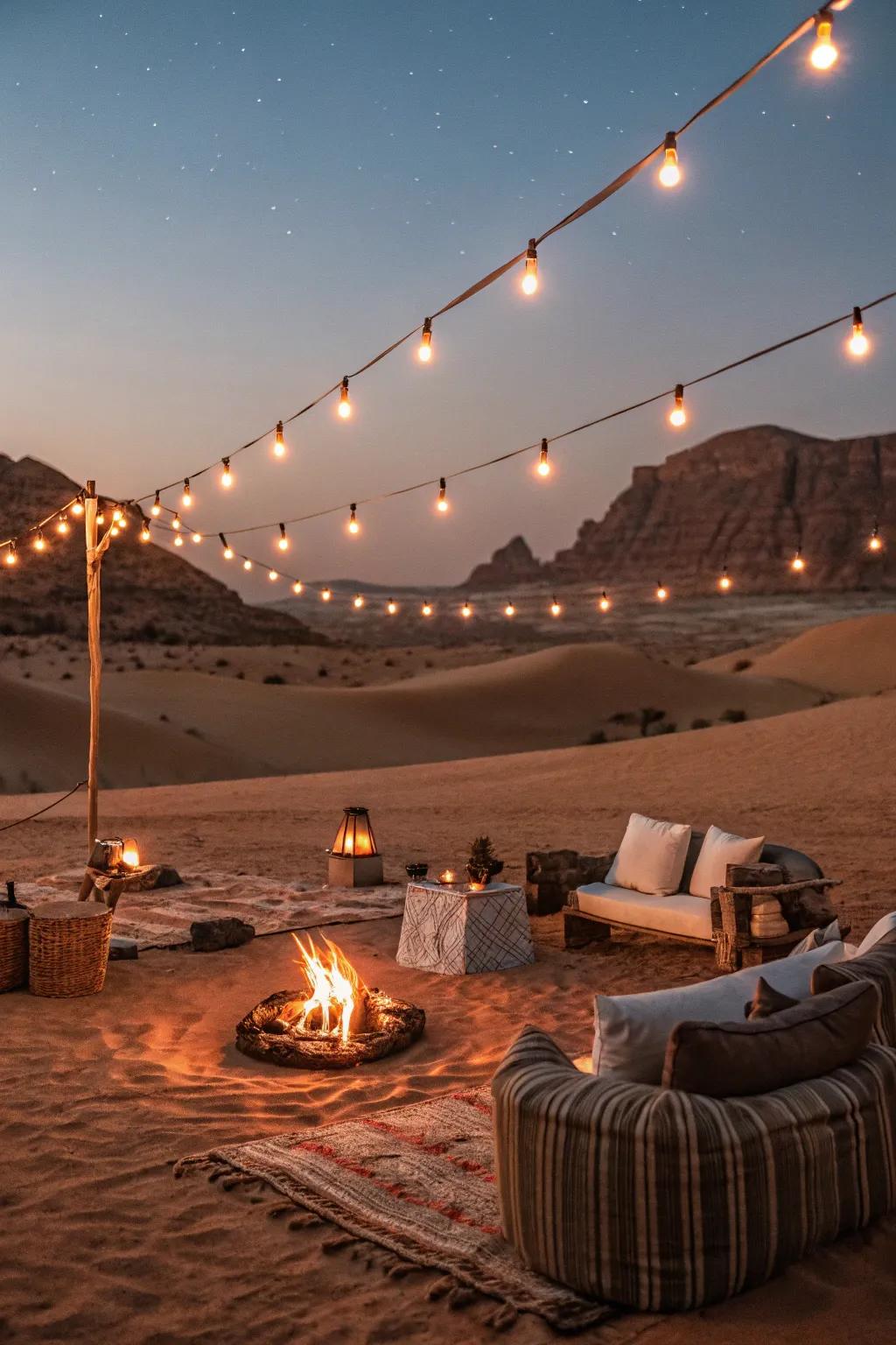 Ambient lighting enhances the cozy atmosphere of a desert fire pit.