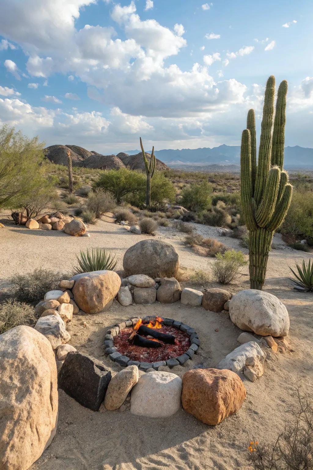 Cacti provide sculptural accents to a desert fire pit.