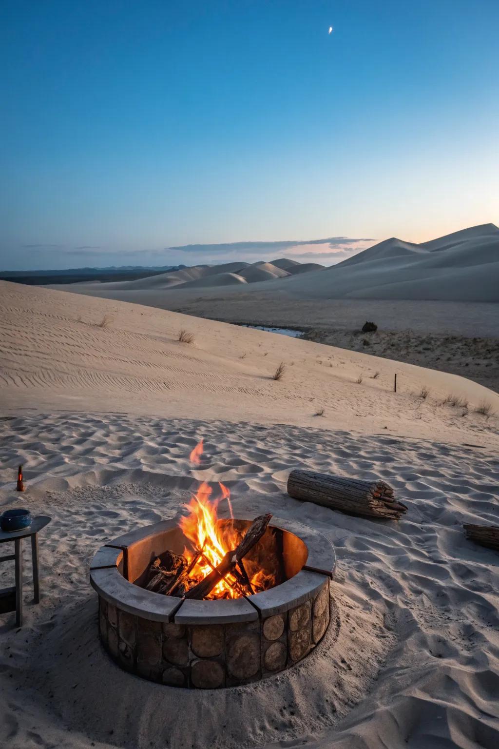 A fire pit harmoniously integrated with the desert's natural beauty.