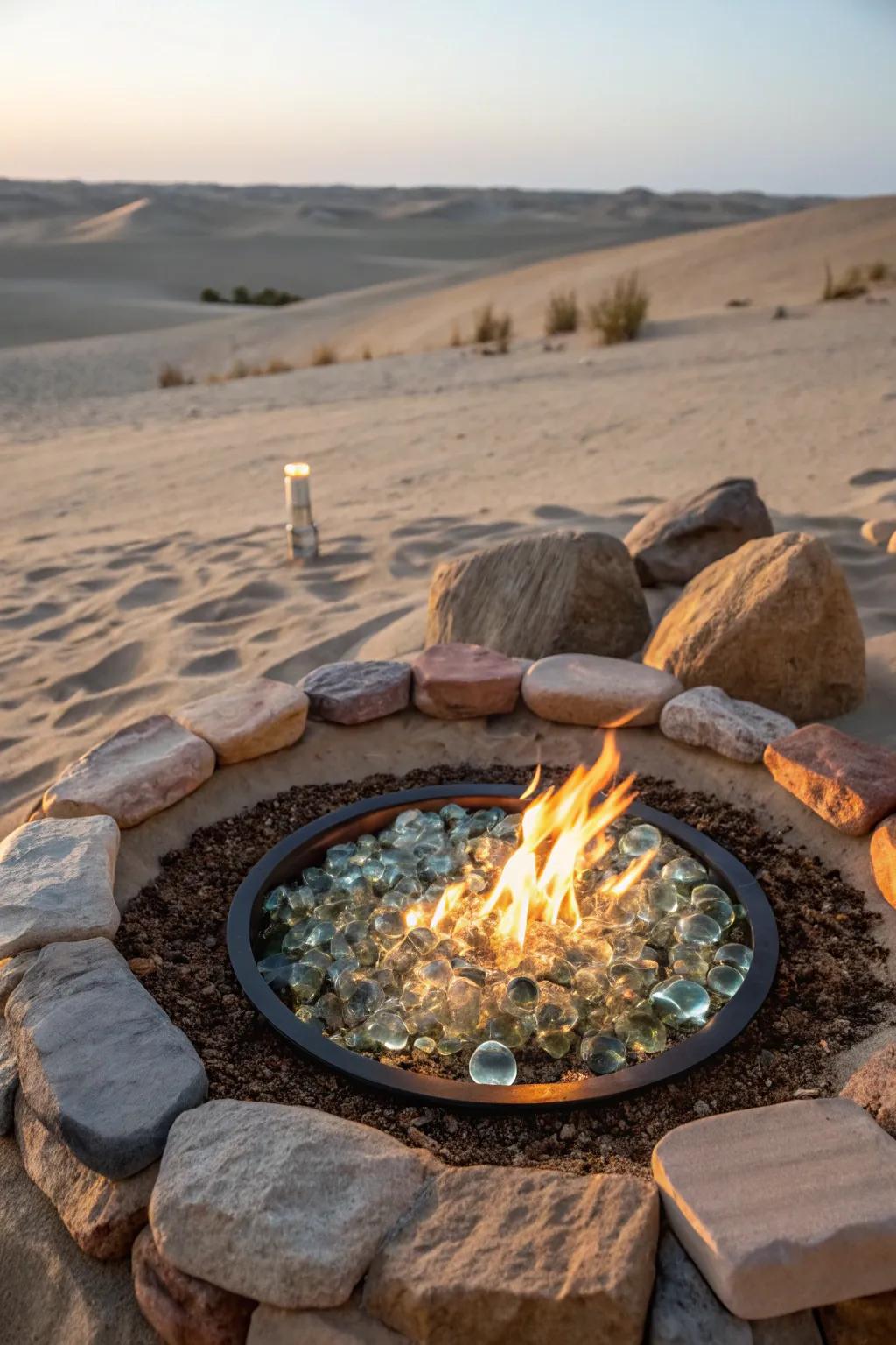 Reflective glass stones add a touch of sparkle to a fire pit.