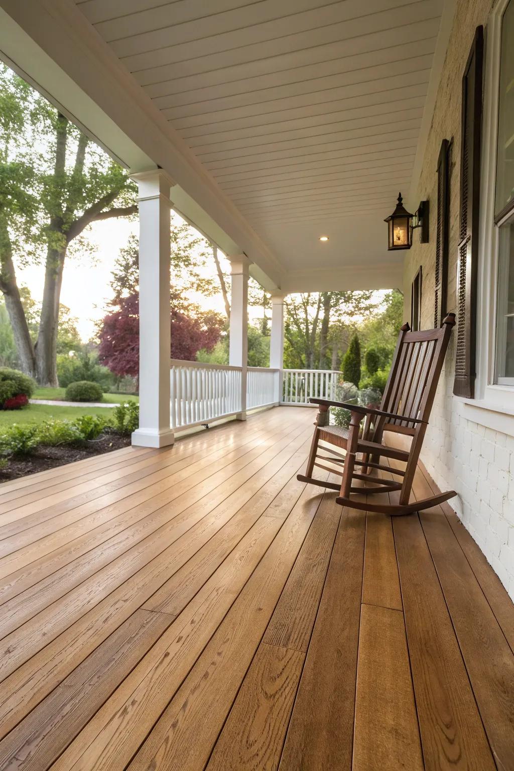 A porch showcasing new wood flooring for a touch of elegance.