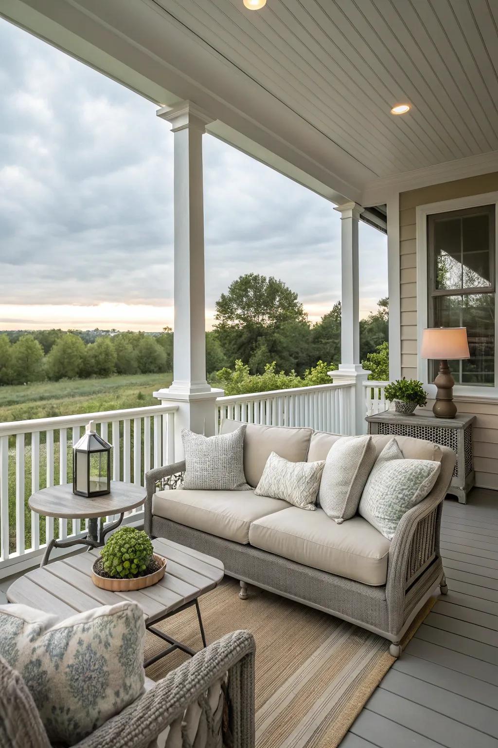 A porch featuring a soft, neutral color palette for a serene vibe.