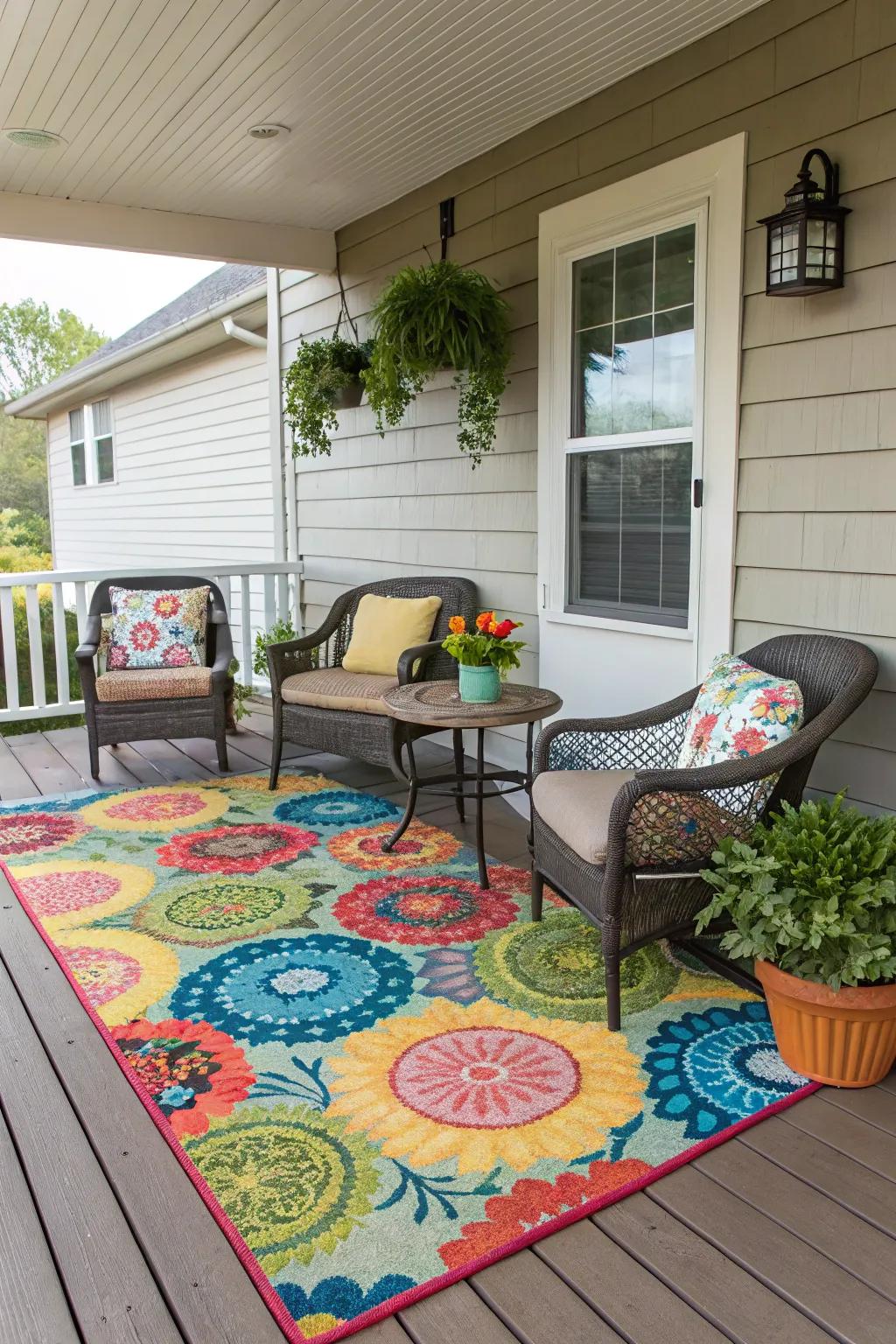 A colorful outdoor rug defines and enhances the porch's style.
