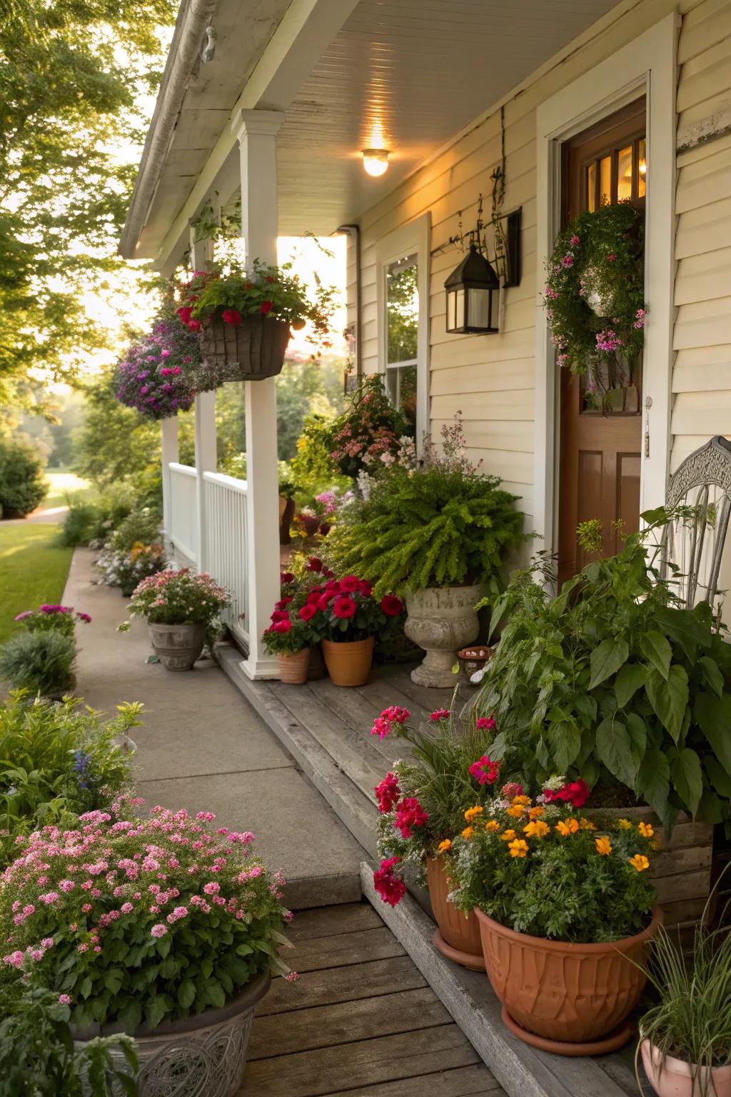 A porch adorned with potted plants and colorful flowers.