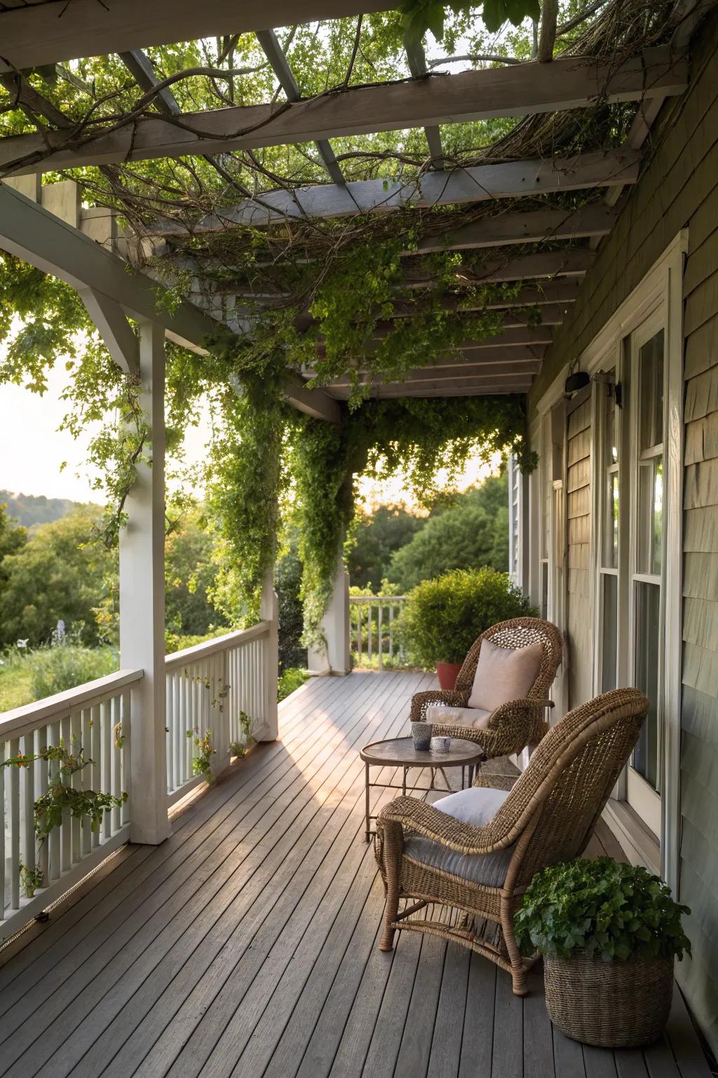 A pergola offers elegant shade and structure to the porch.