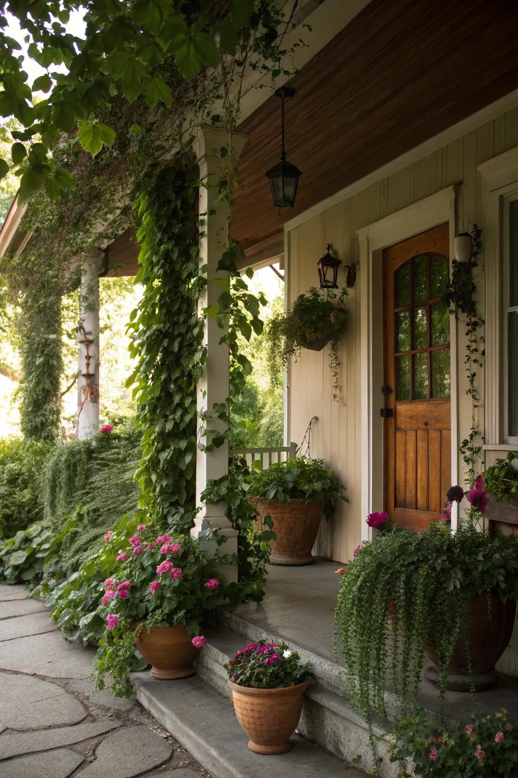 Hanging plants add vertical interest and greenery to the porch.