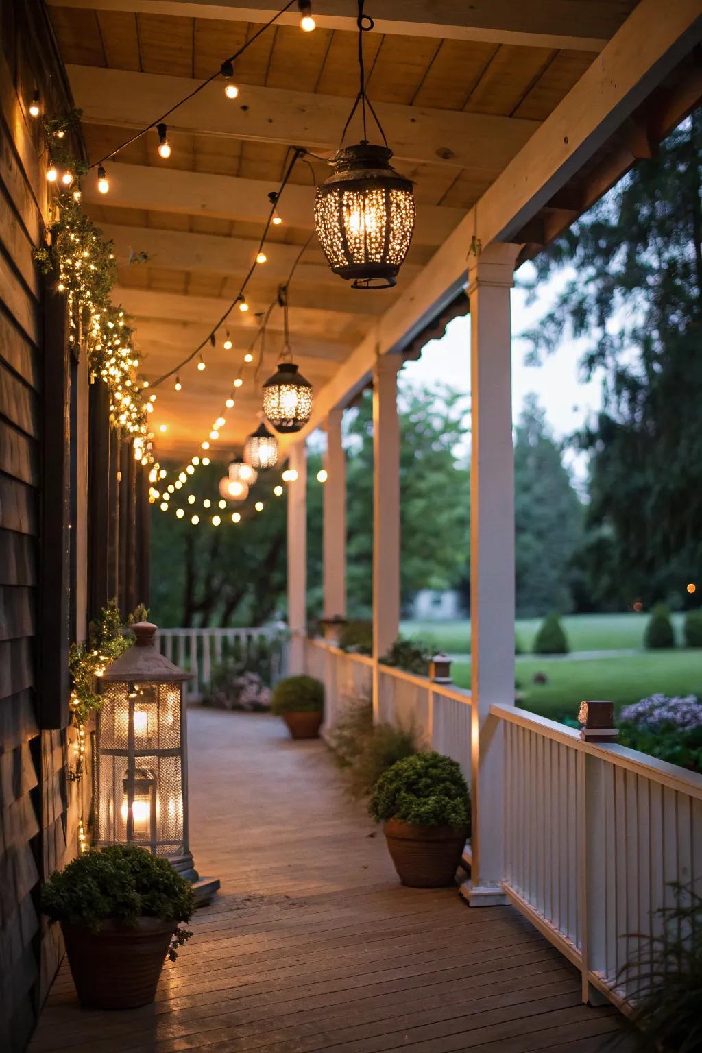 String lights and lanterns illuminate the porch, creating a warm, inviting atmosphere.