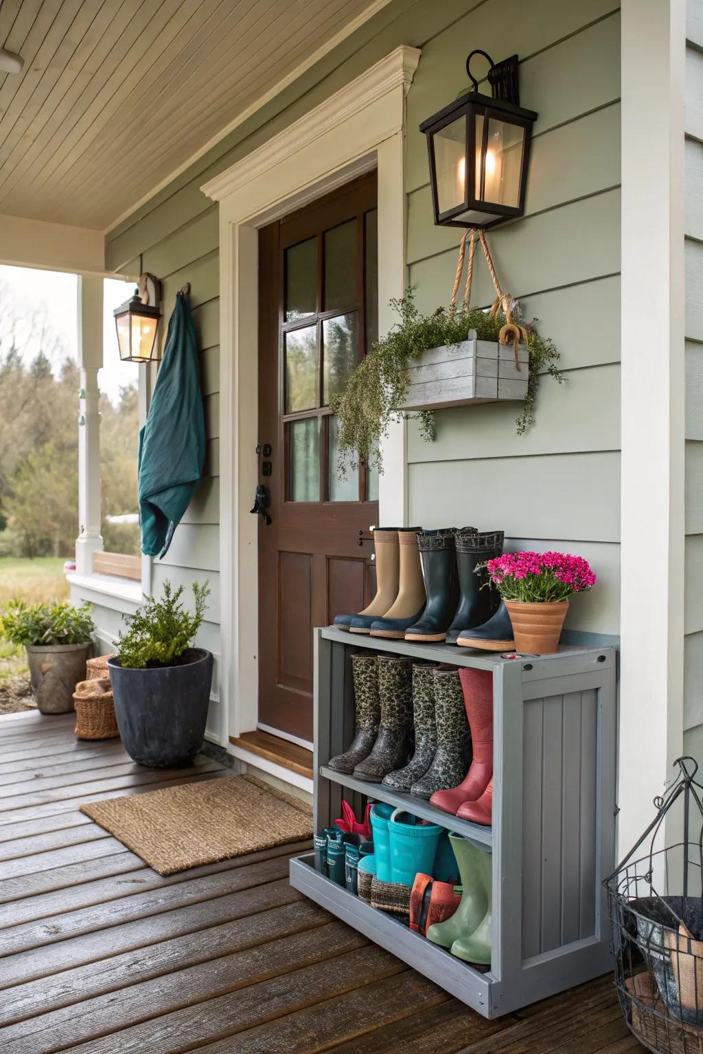 A built-in welly stand keeps boots organized on the porch.