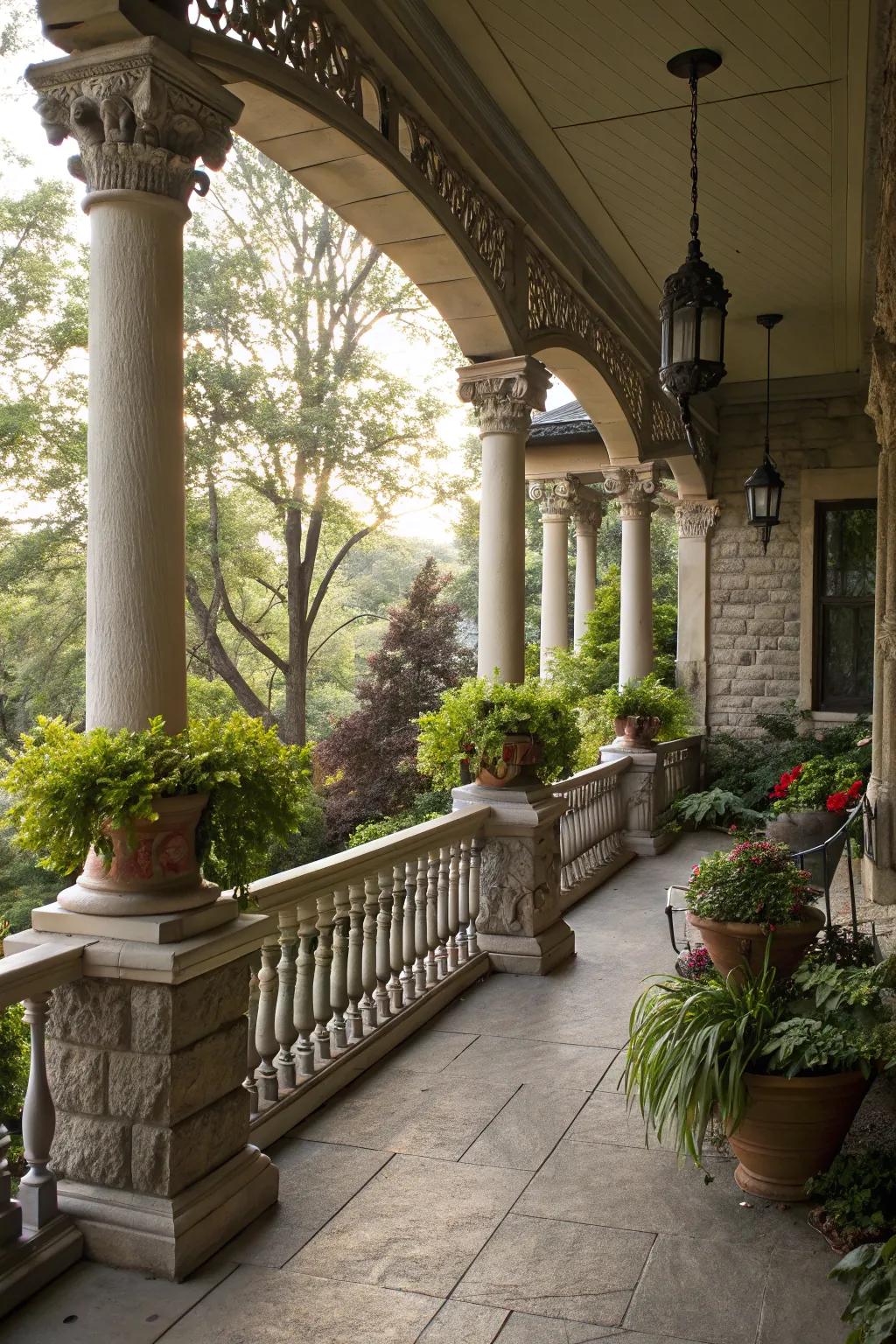 Decorative columns and stone accents add character to a porch.