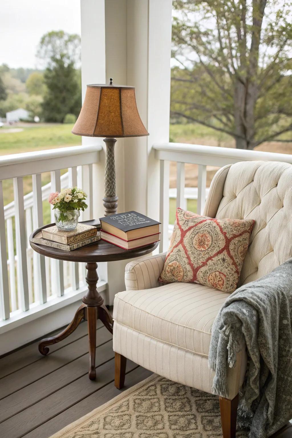 A cozy reading nook on the porch invites relaxation and leisure.