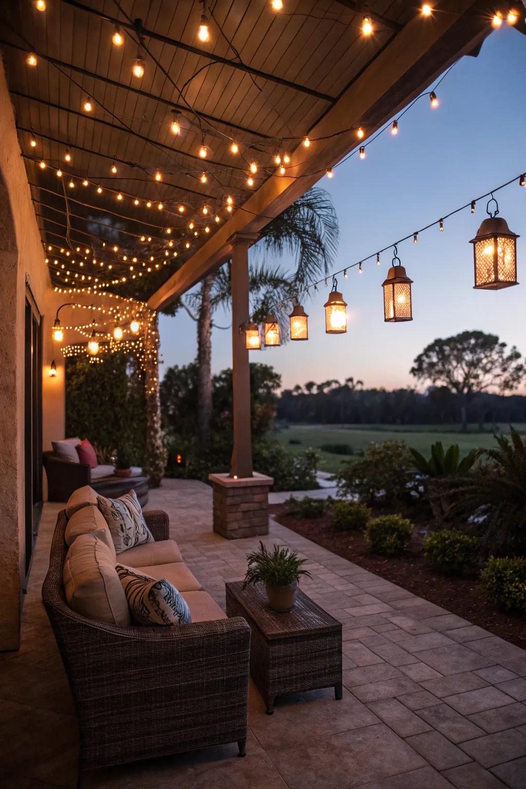 Ambient lighting creates a magical evening retreat.