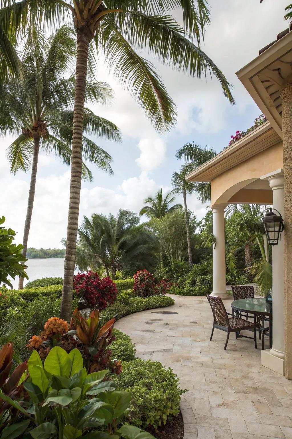 A tropical oasis created with lush greenery and palm trees.