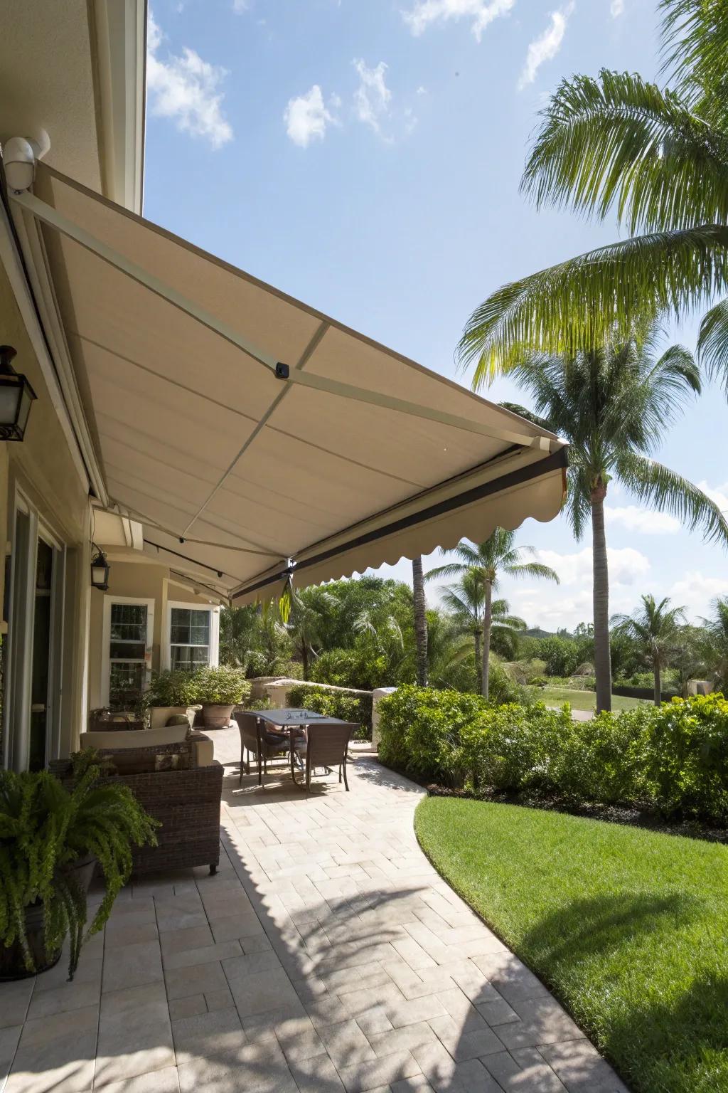 Retractable awnings offer flexible shade options.