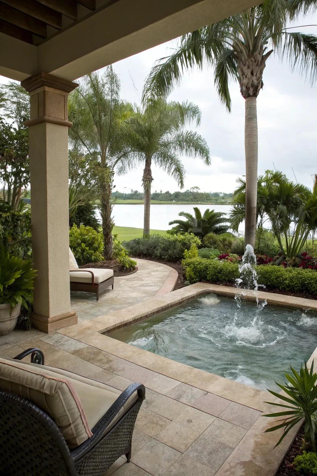 A tranquil water feature adds a soothing ambiance.