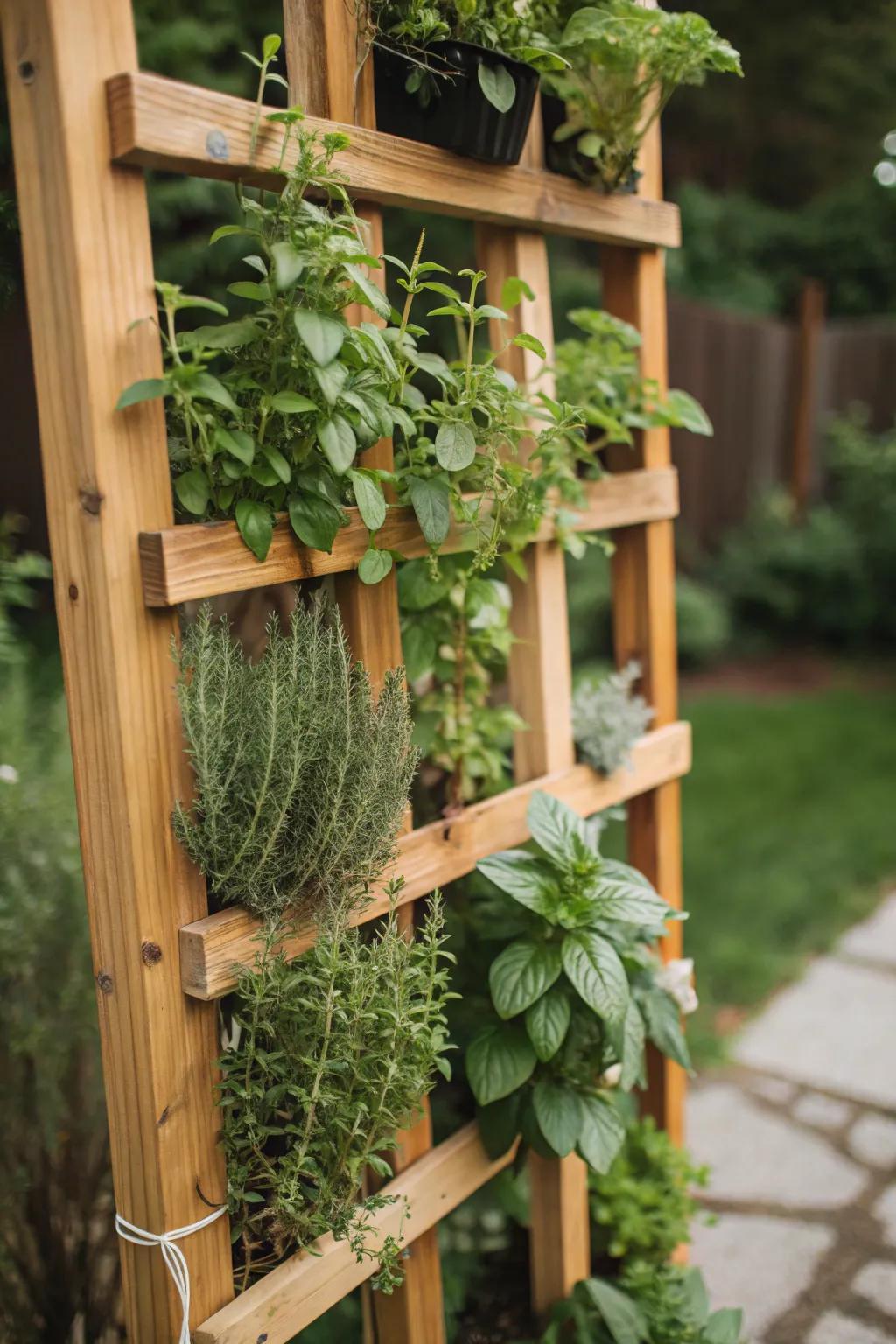 A vertical cedar trellis turns herbs into a lush garden feature