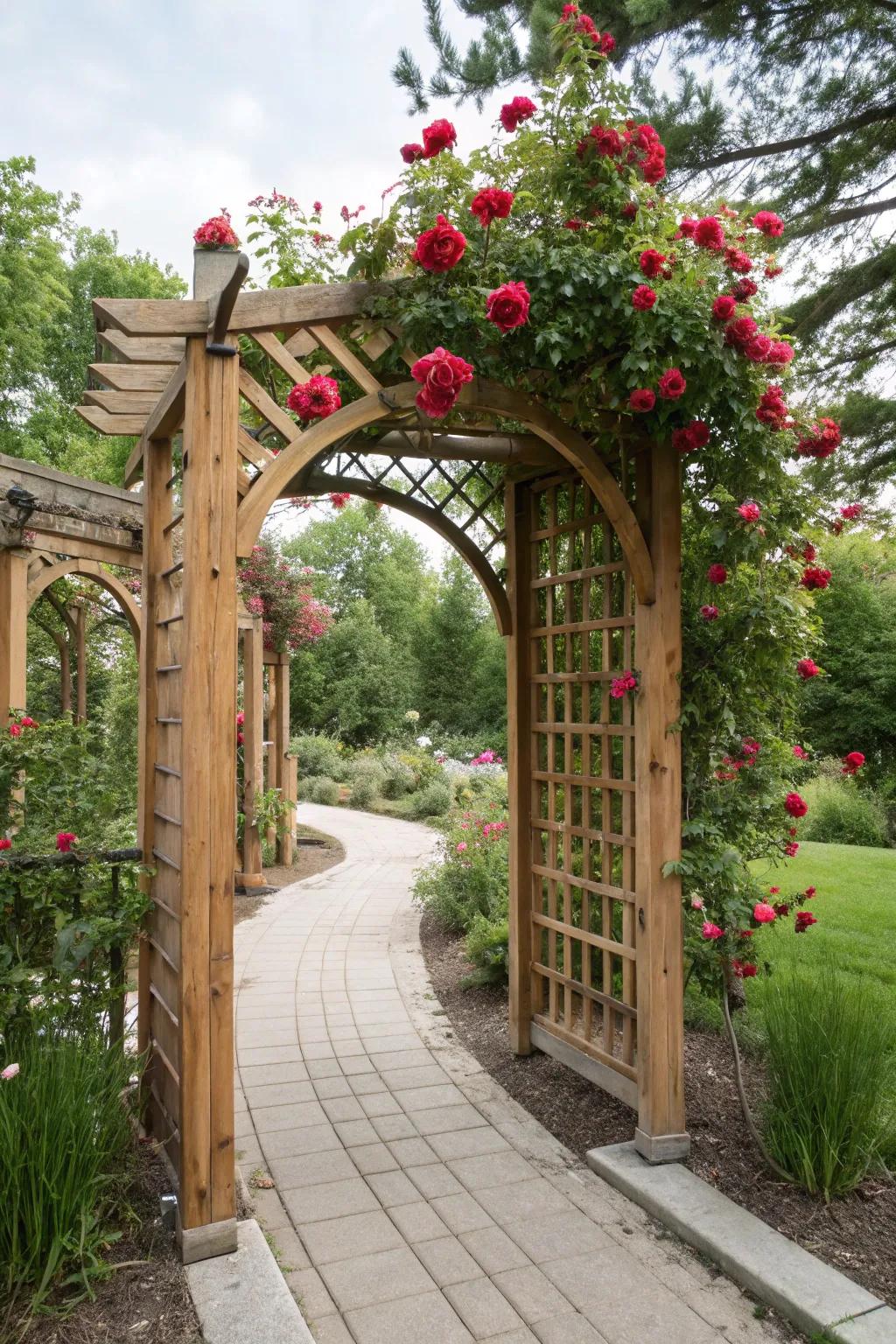 A cedar trellis archway creates a magical garden entrance