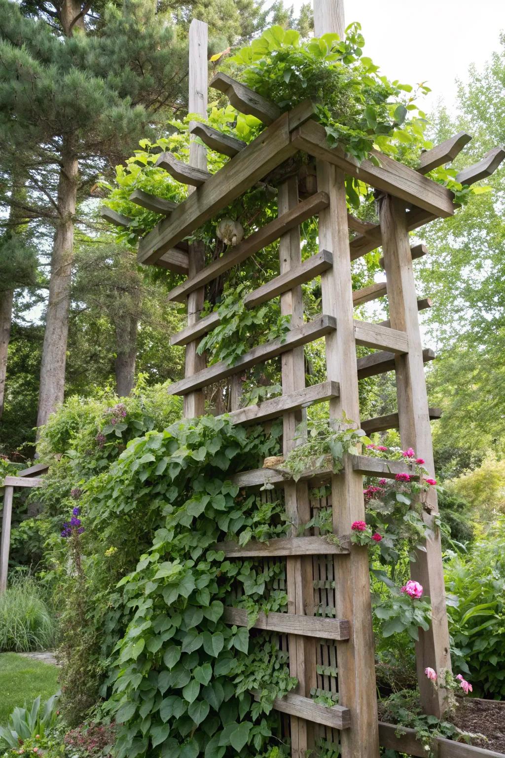 A multi-level cedar trellis brings visual interest to the garden