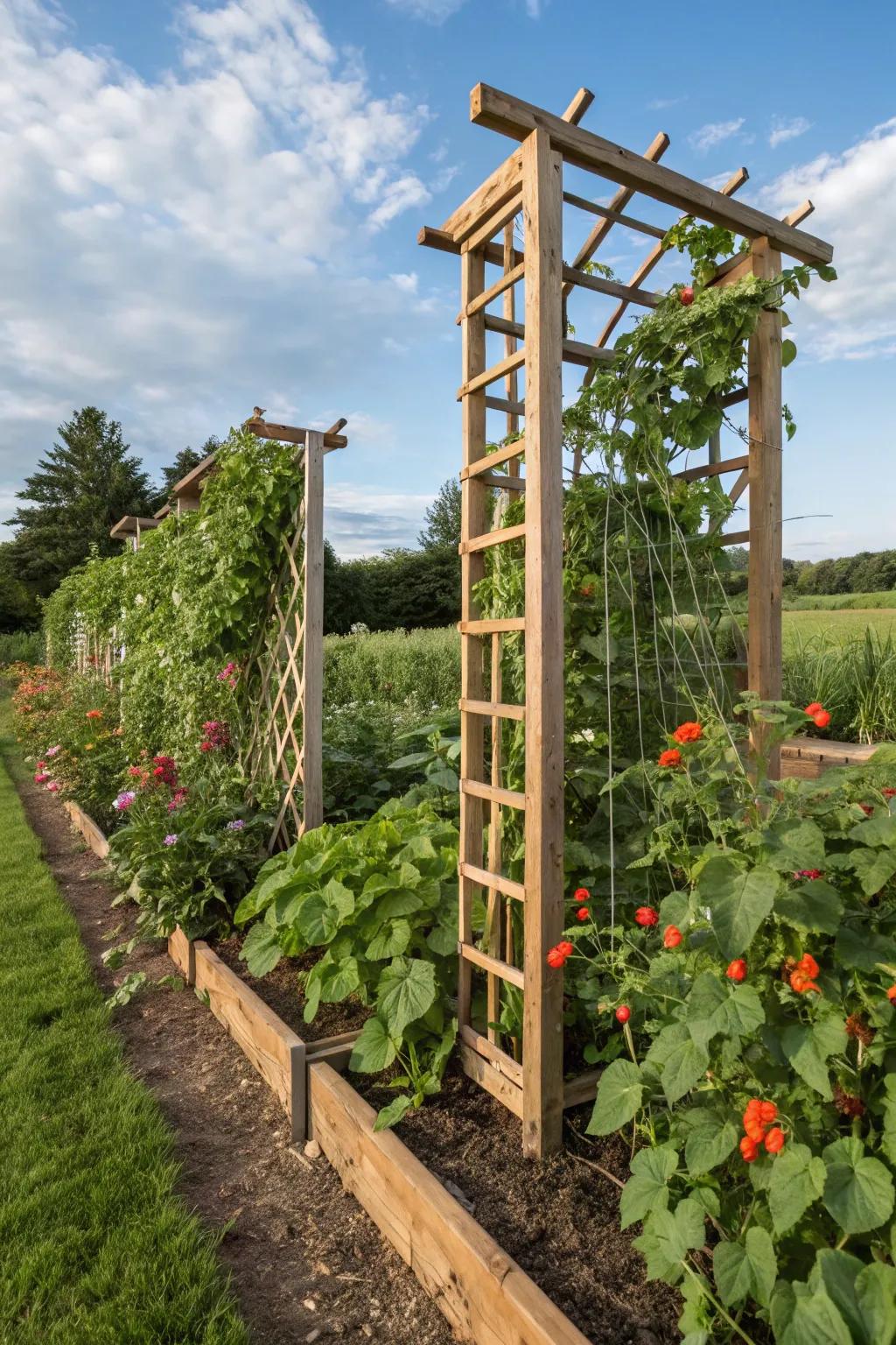 A freestanding cedar trellis divides garden areas beautifully