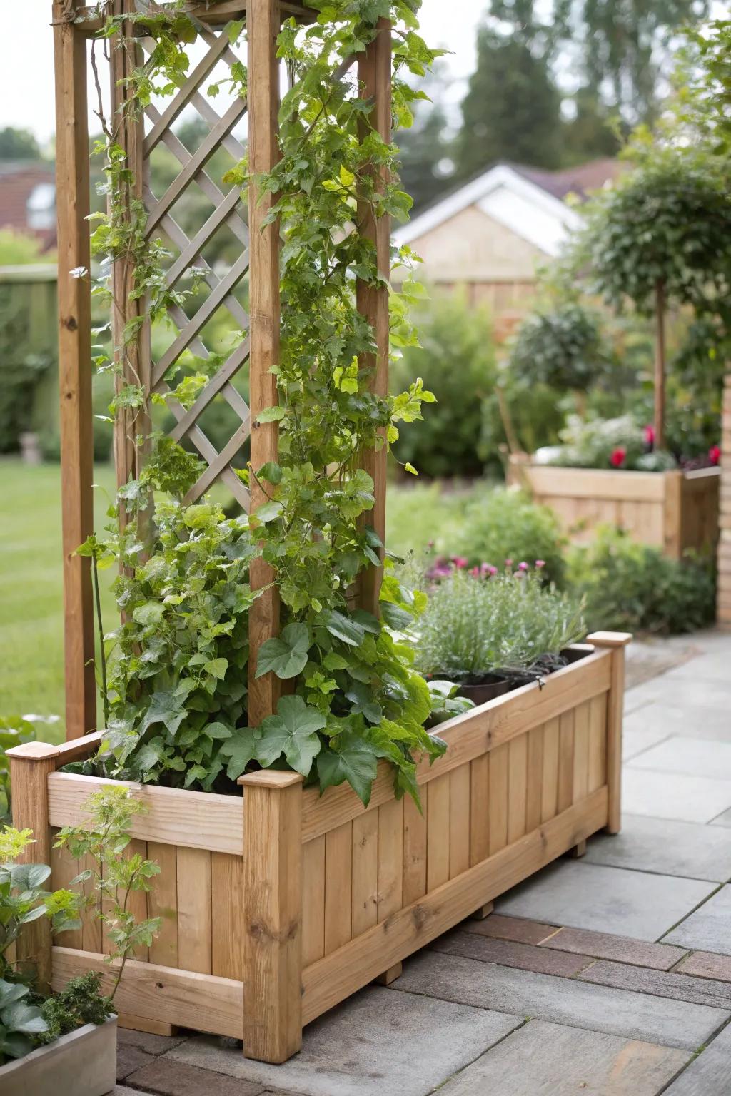A raised planter with a cedar trellis adds height and interest