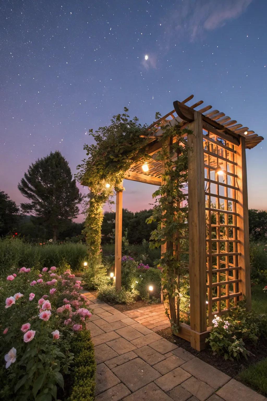 A cedar trellis with lighting creates a magical evening ambiance