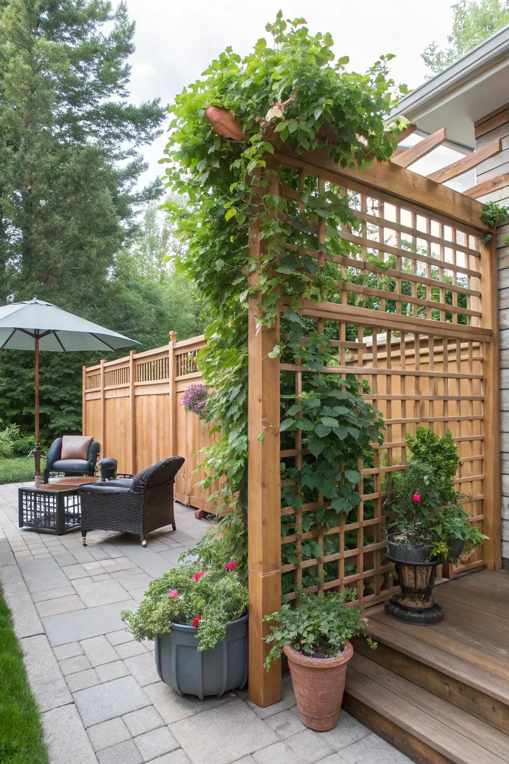 A cedar trellis provides privacy and beauty on the patio