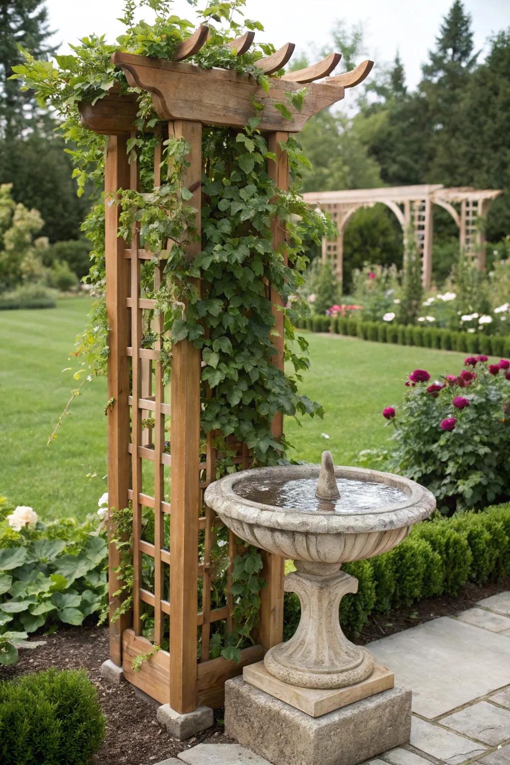 A cedar trellis with a birdbath becomes a garden focal point